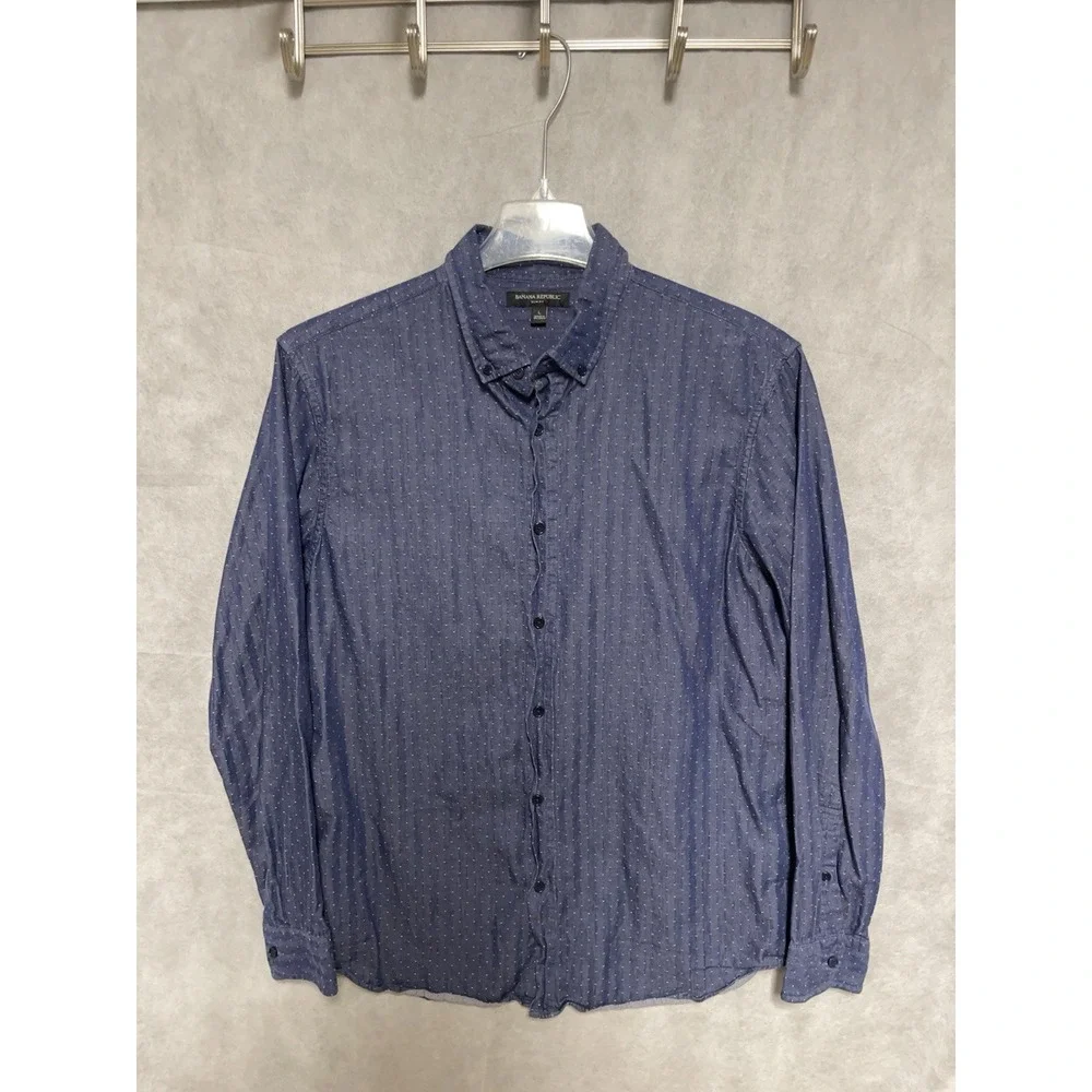 Banana Republic Shirt Men's L Blue Chambray Denim Geometric‎ AOP Slim Button Up